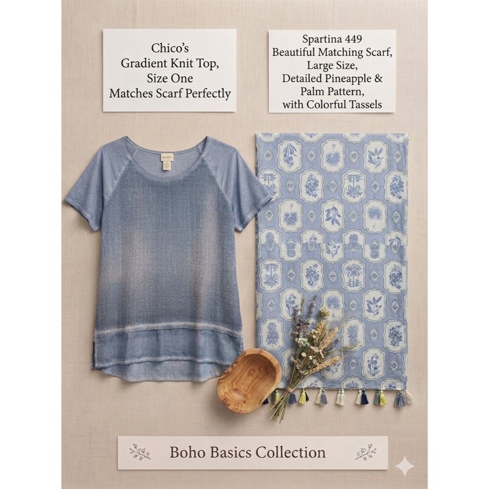 Two Pack Lot! Chico's  1 Gradient Layering Top & Spartina Boho Scarf Cruise Wear